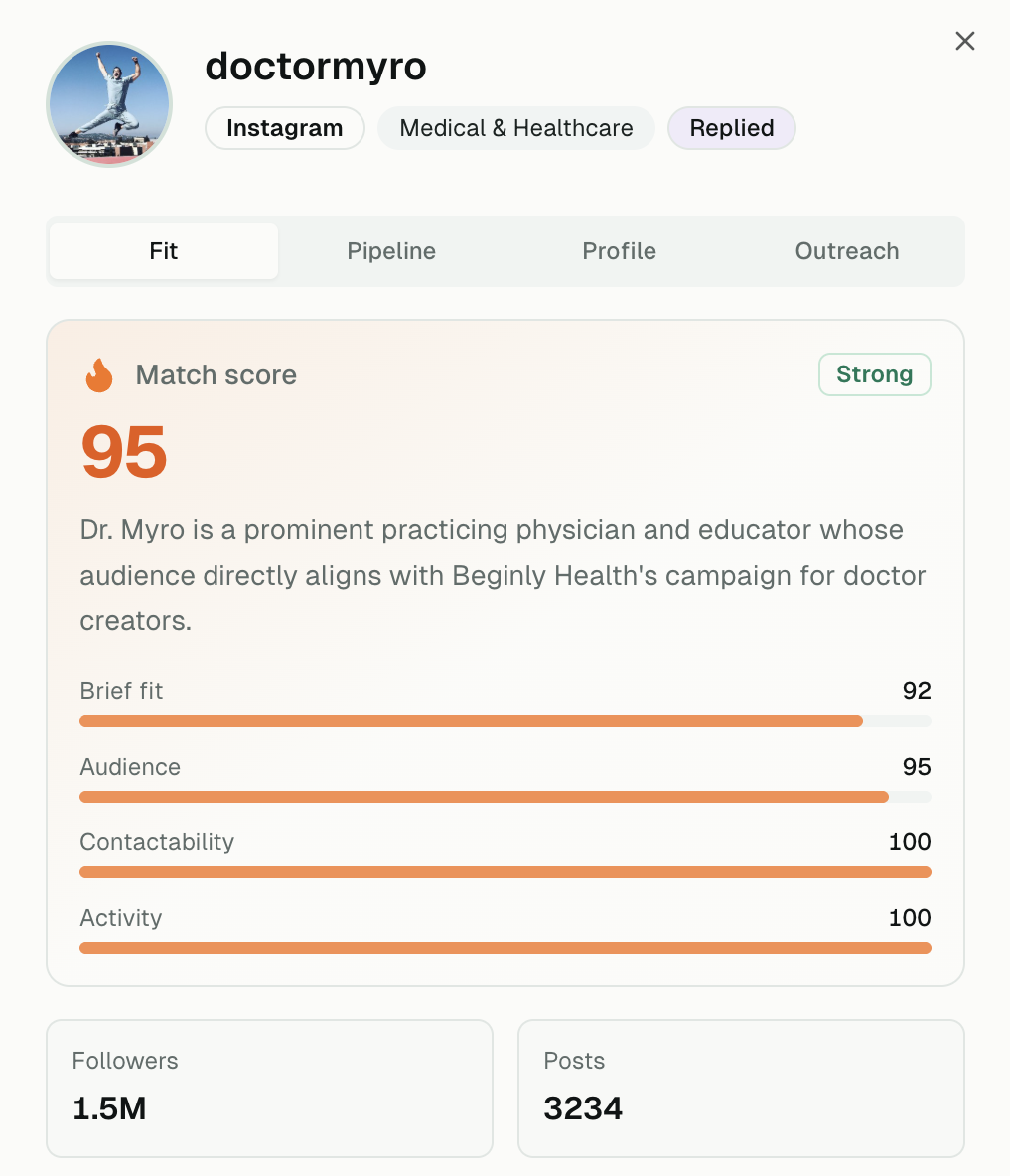 Optic creator profile with match, audience, and activity