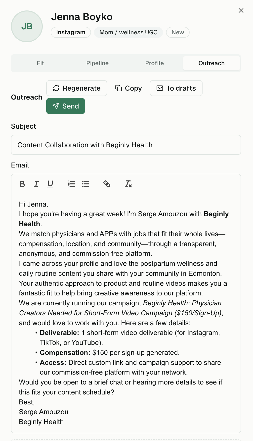 A first email in the Optic Vault, ready to send from Gmail